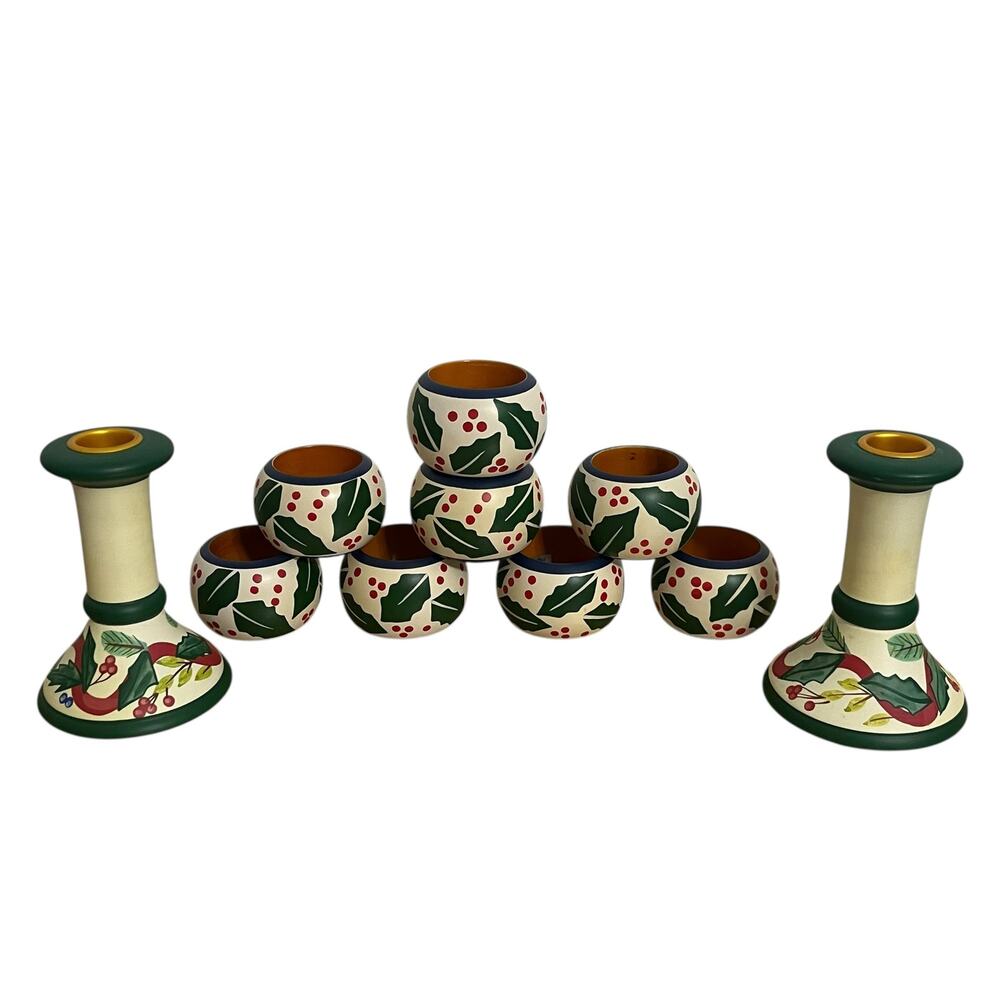 Dansk Wooden Holiday Christmas Holly Berry Candle Sticks Napkin Rings Set